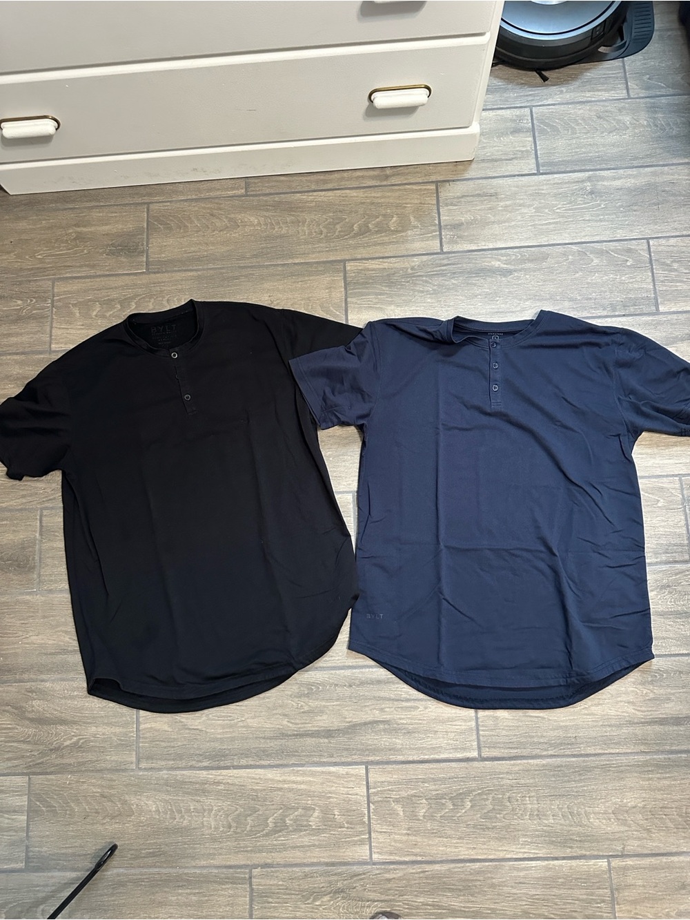 BYLT men’s 3/4 button t shirt bundle. Blue & black. Size Large.